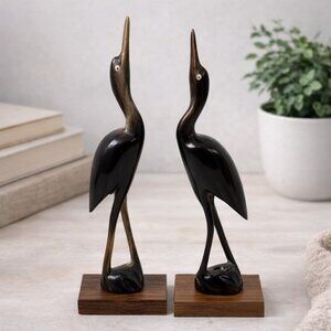 Vintage Hand Carved Wooden Crane Figurines Elegant Folk Art Sculptures 10 Inch